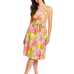 Sleeveless Square Neck Tie Waist Floral Print Fit and Flare Dress NWOT 12